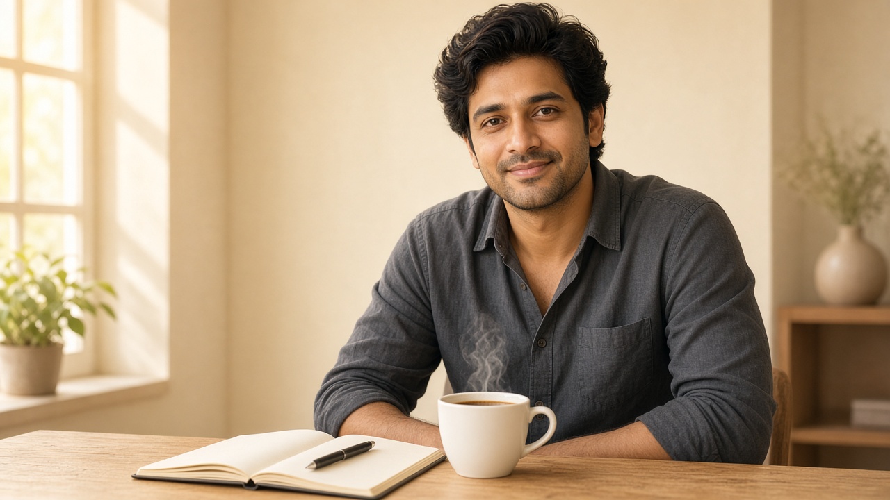 Rajesh Mekala at a desk with a cup of coffee and an open notebook.